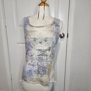 One World Y2K Grunge Graphic Rhinestone Tank Top Large Purple Grey Fairycore